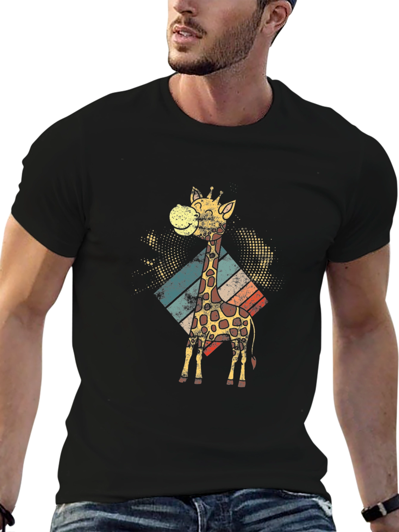 Retro Giraffe Graphic Tee - Black Cotton T-Shirt