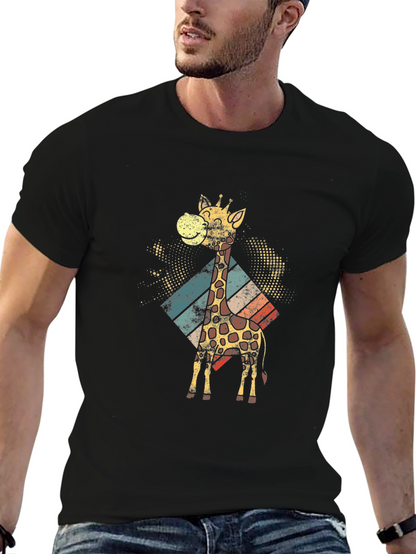 Retro Giraffe Graphic Tee - Black Cotton T-Shirt