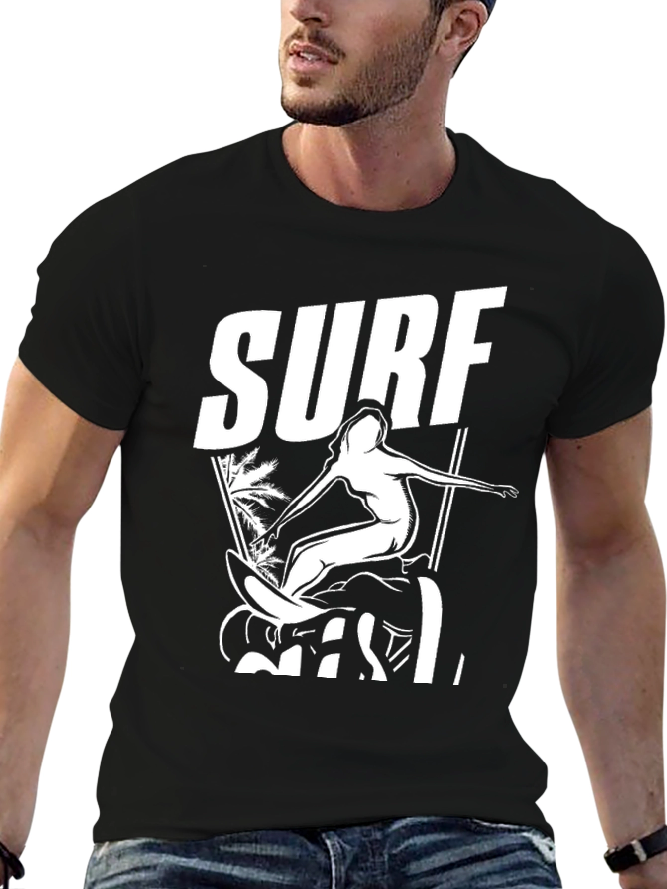 Surf Girl Graphic Tee - Black Cotton T-Shirt