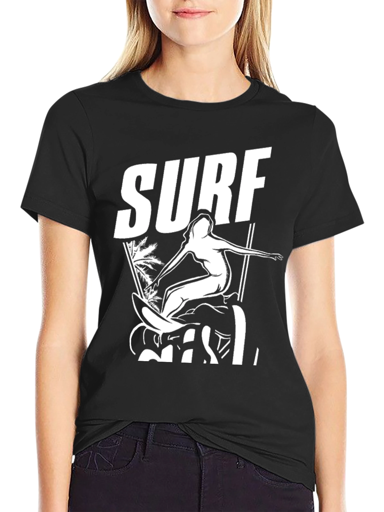 Surf Girl Graphic Tee - Black Cotton T-Shirt