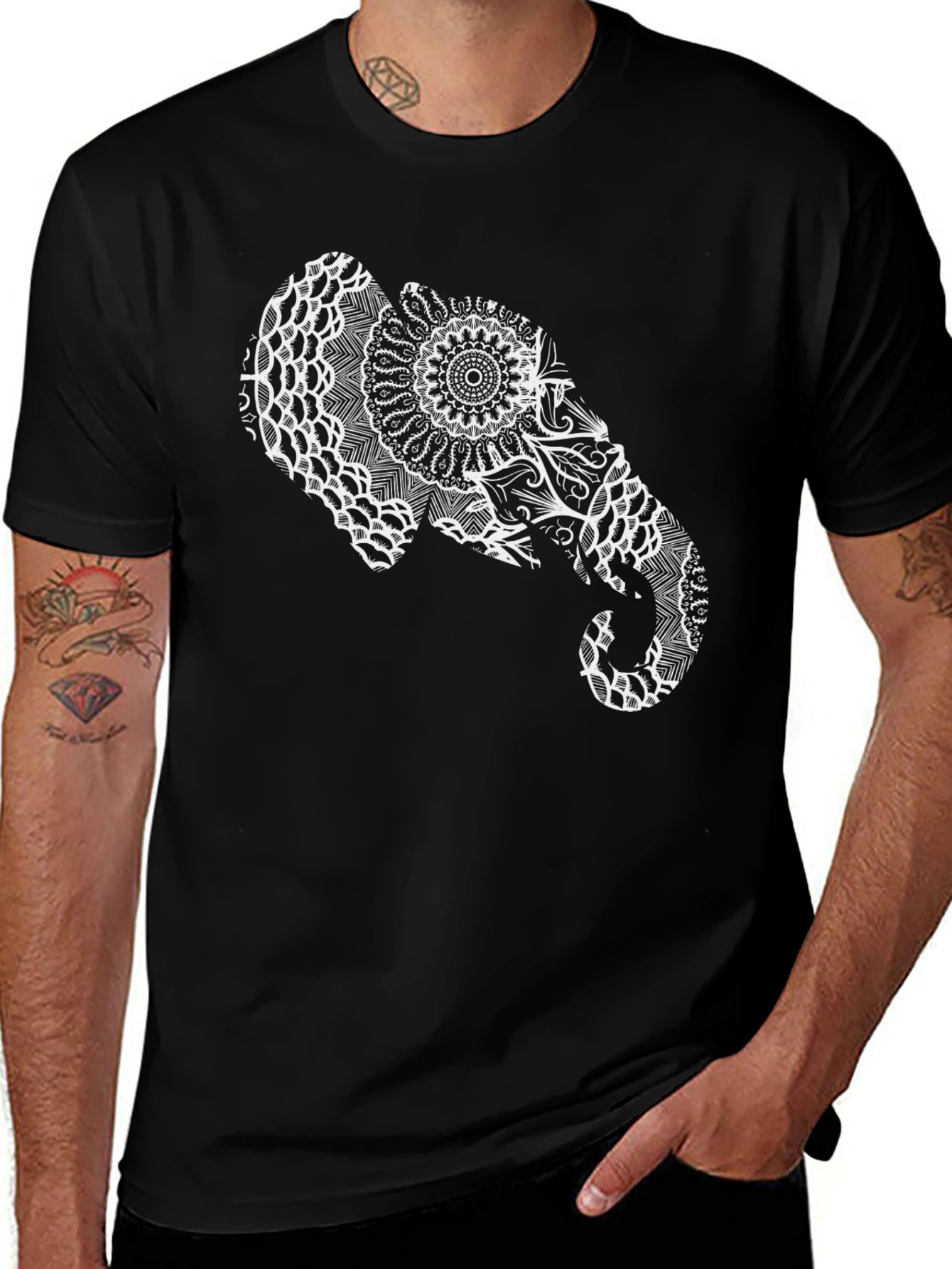Elephant Mandala Graphic Tee - Black Cotton Casual Shirt