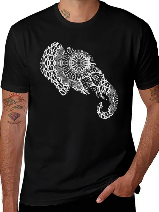 Elephant Mandala Graphic Tee - Black Cotton Casual Shirt