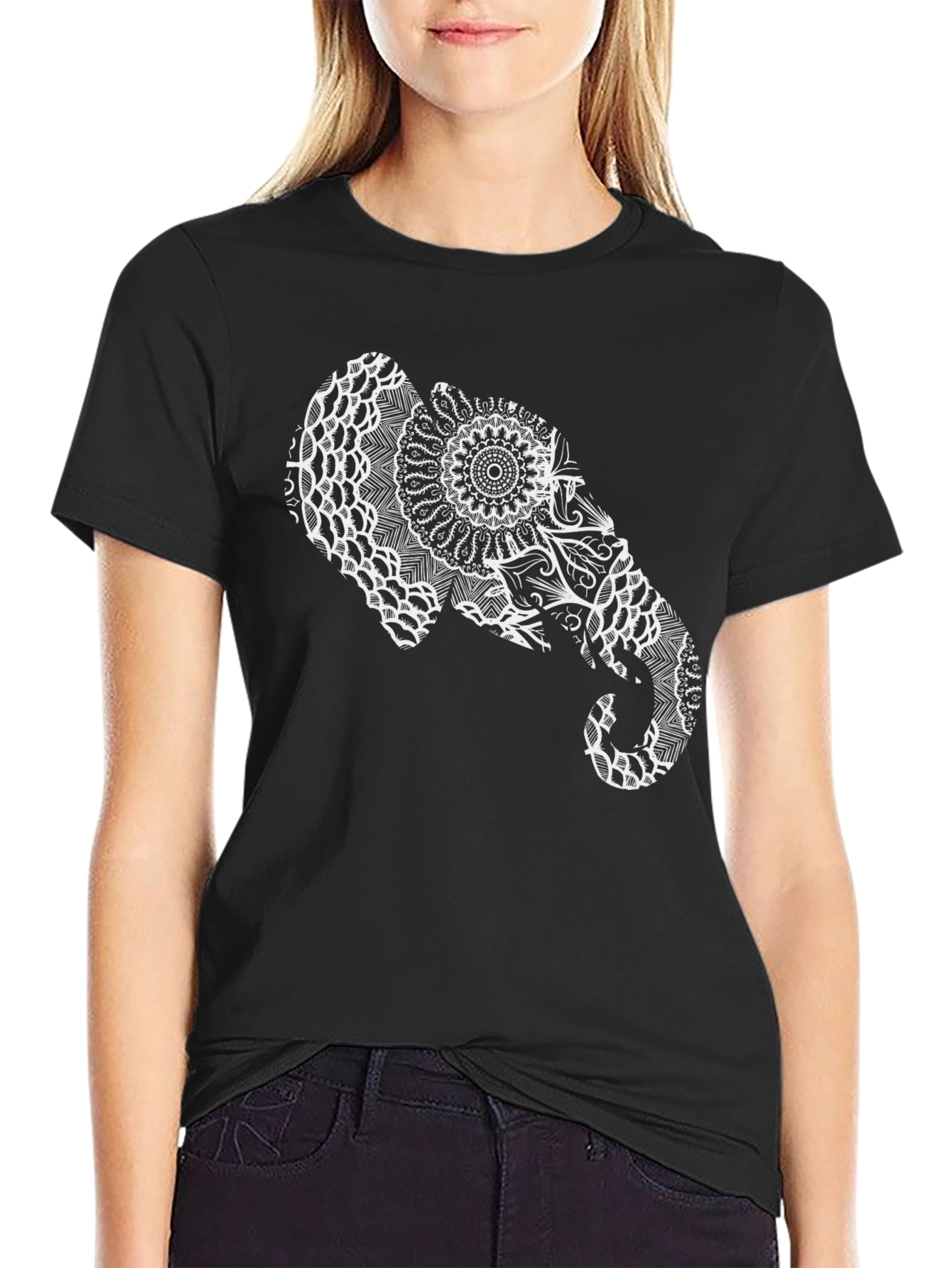 Elephant Mandala Graphic Tee - Black Cotton Casual Shirt
