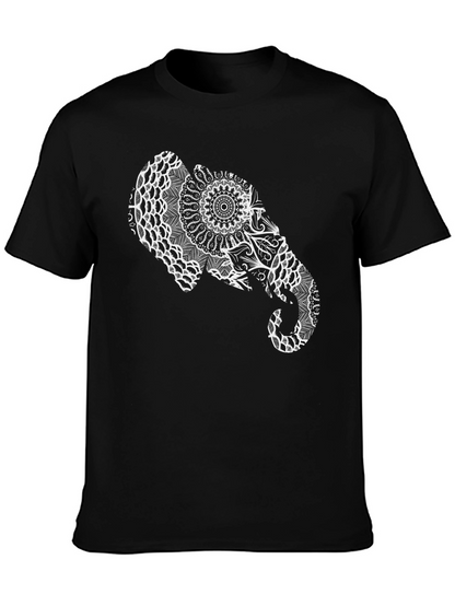 Elephant Mandala Graphic Tee - Black Cotton Casual Shirt