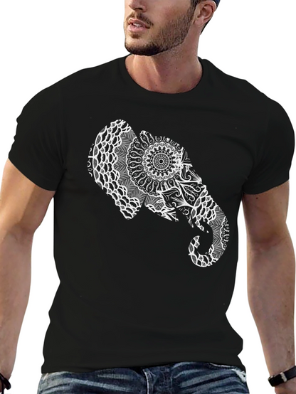 Elephant Mandala Graphic Tee - Black Cotton Casual Shirt