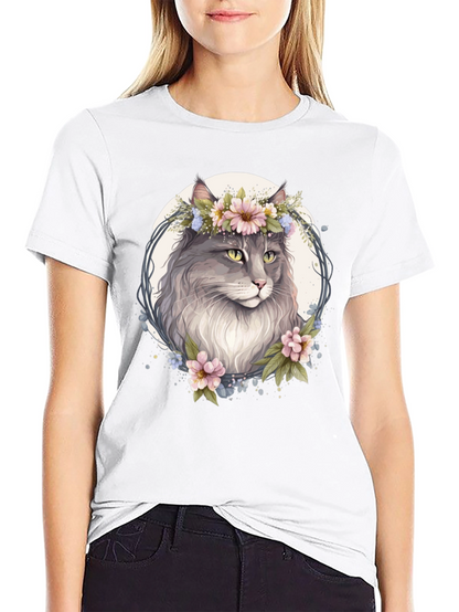 Floral Cat Graphic Black T-Shirt