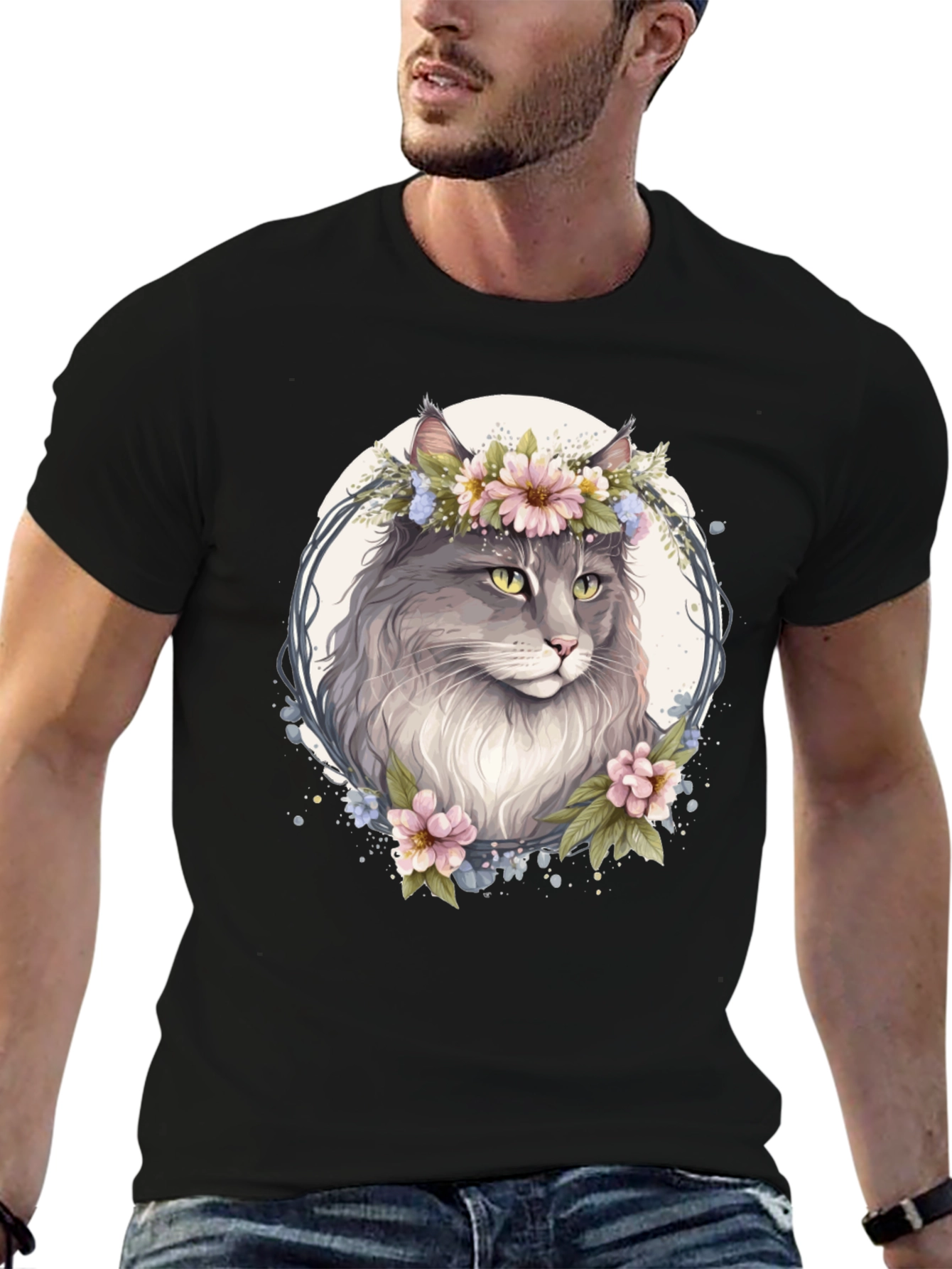 Floral Cat Graphic Black T-Shirt