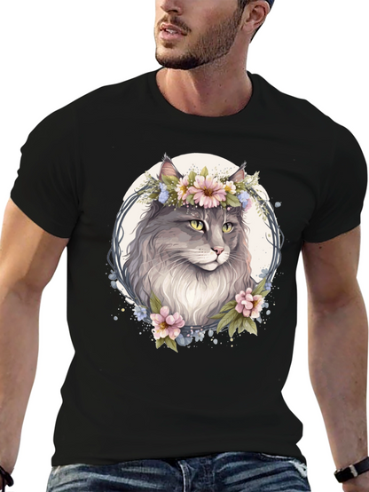 Floral Cat Graphic Black T-Shirt