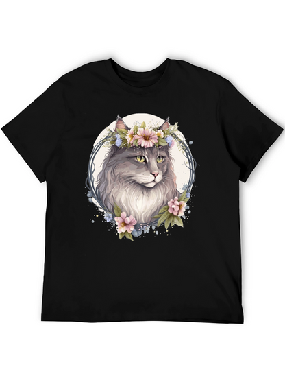 Floral Cat Graphic Black T-Shirt