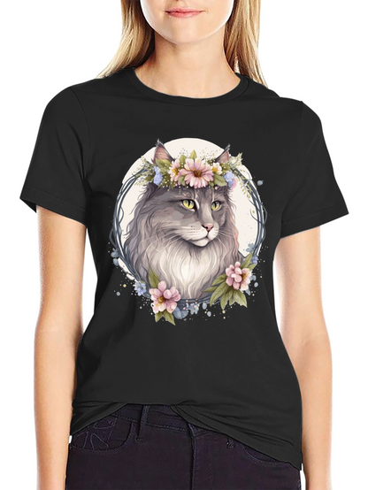 Floral Cat Graphic Black T-Shirt