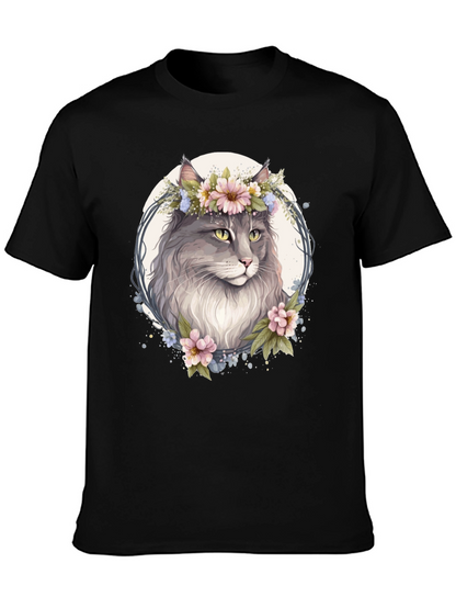 Floral Cat Graphic Black T-Shirt