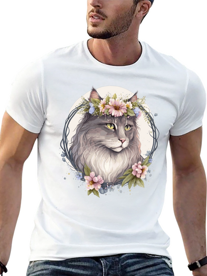 Floral Cat Graphic Black T-Shirt