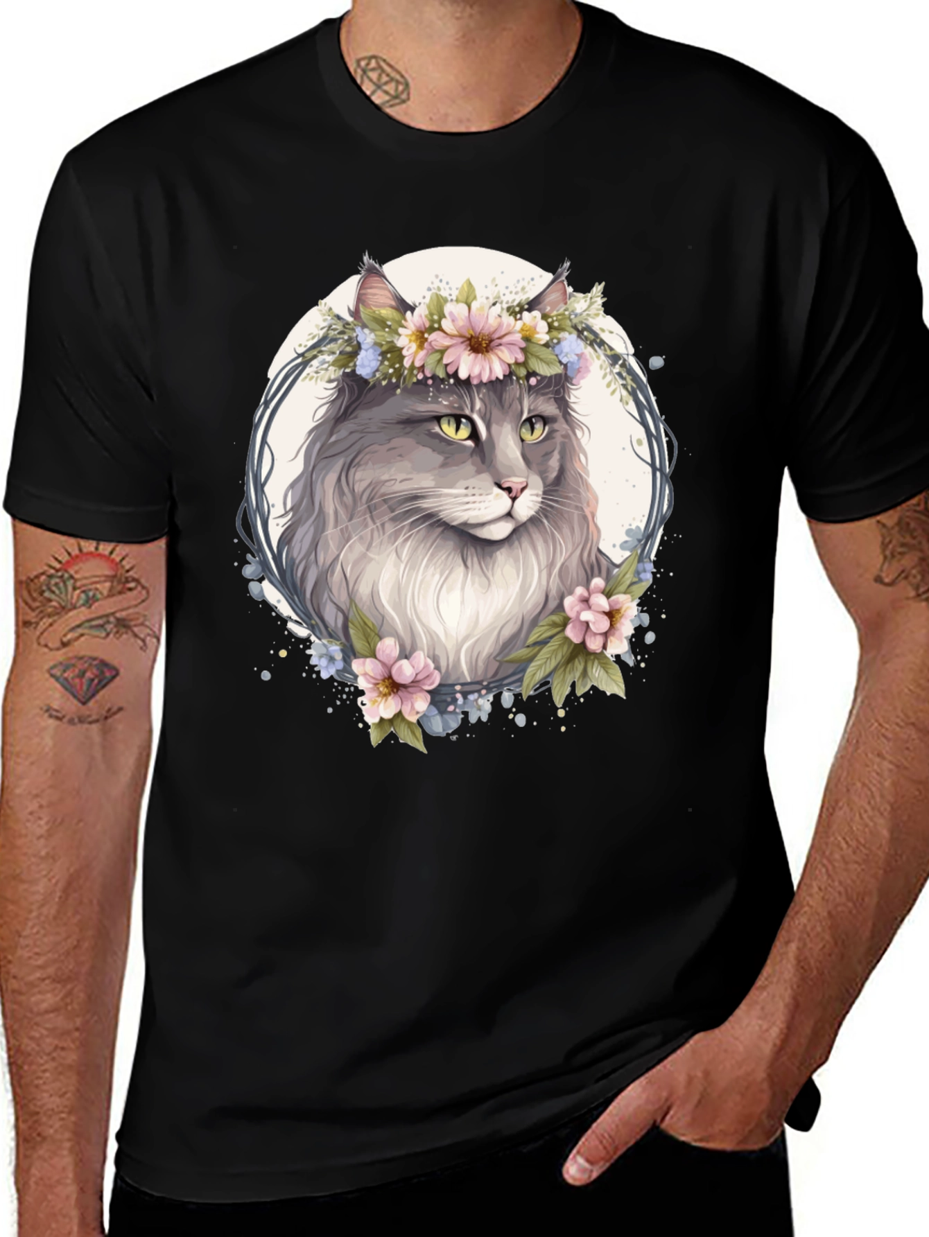 Floral Cat Graphic Black T-Shirt