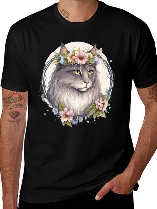 Floral Cat Graphic Black T-Shirt