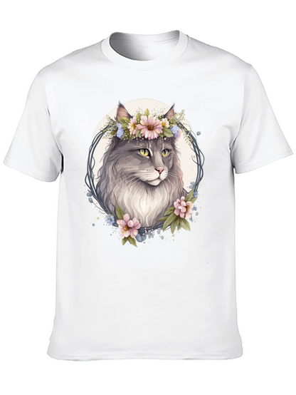 Floral Cat Graphic Black T-Shirt