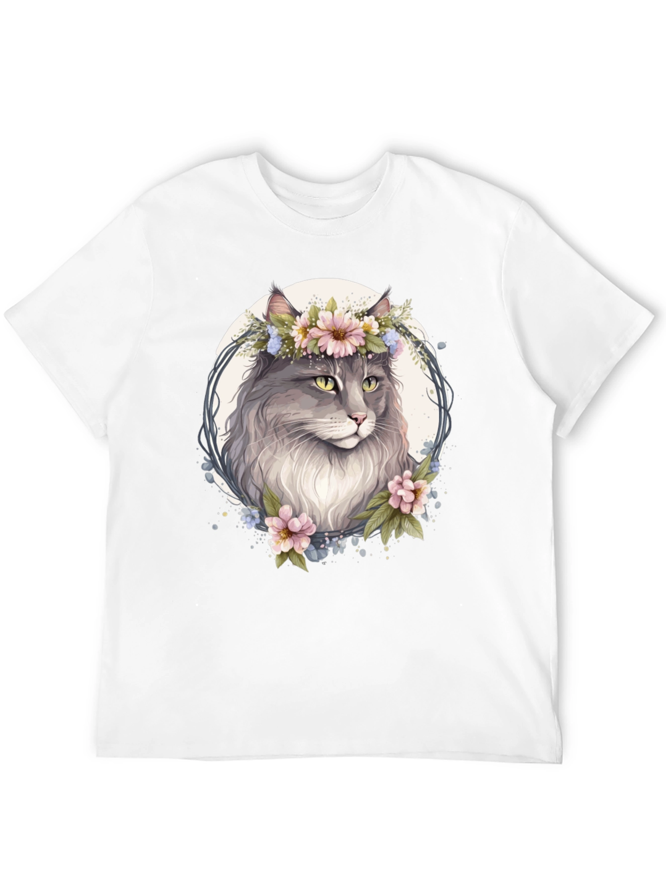 Floral Cat Graphic Black T-Shirt