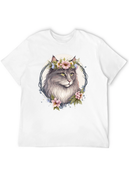 Floral Cat Graphic Black T-Shirt