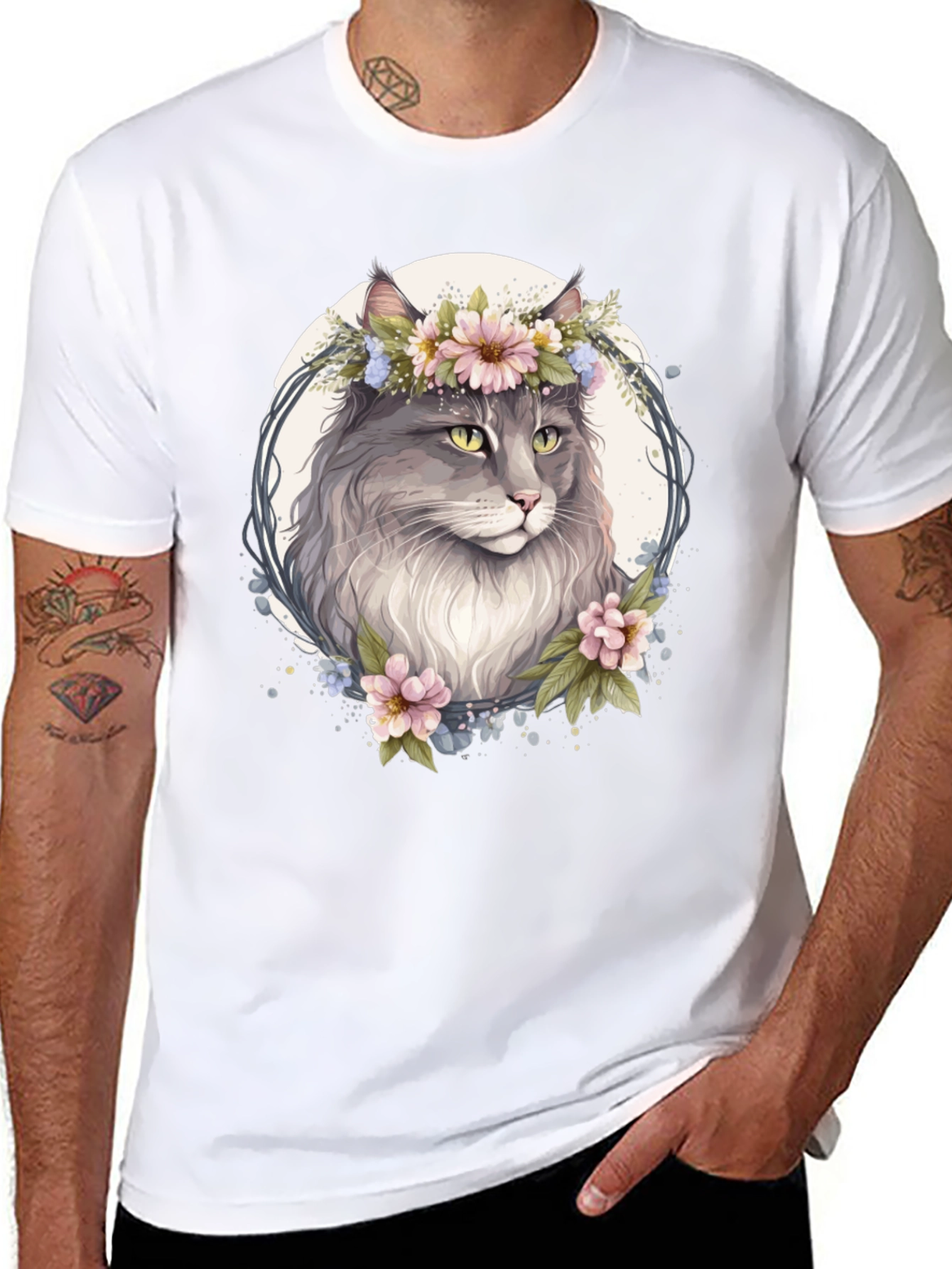 Floral Cat Graphic Black T-Shirt