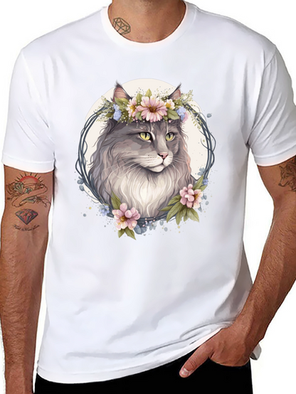 Floral Cat Graphic Black T-Shirt