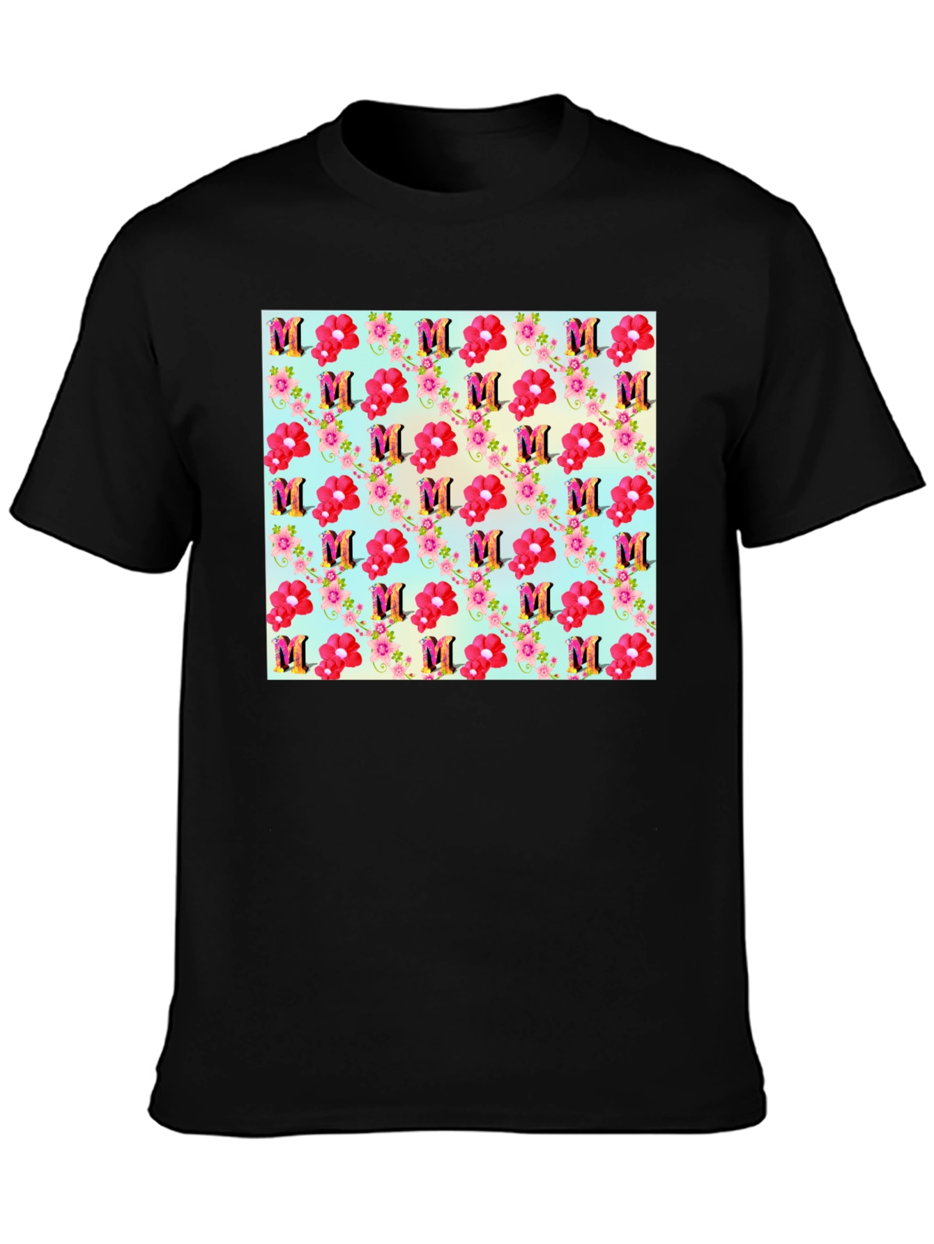 Floral M Patterned Black T-Shirt