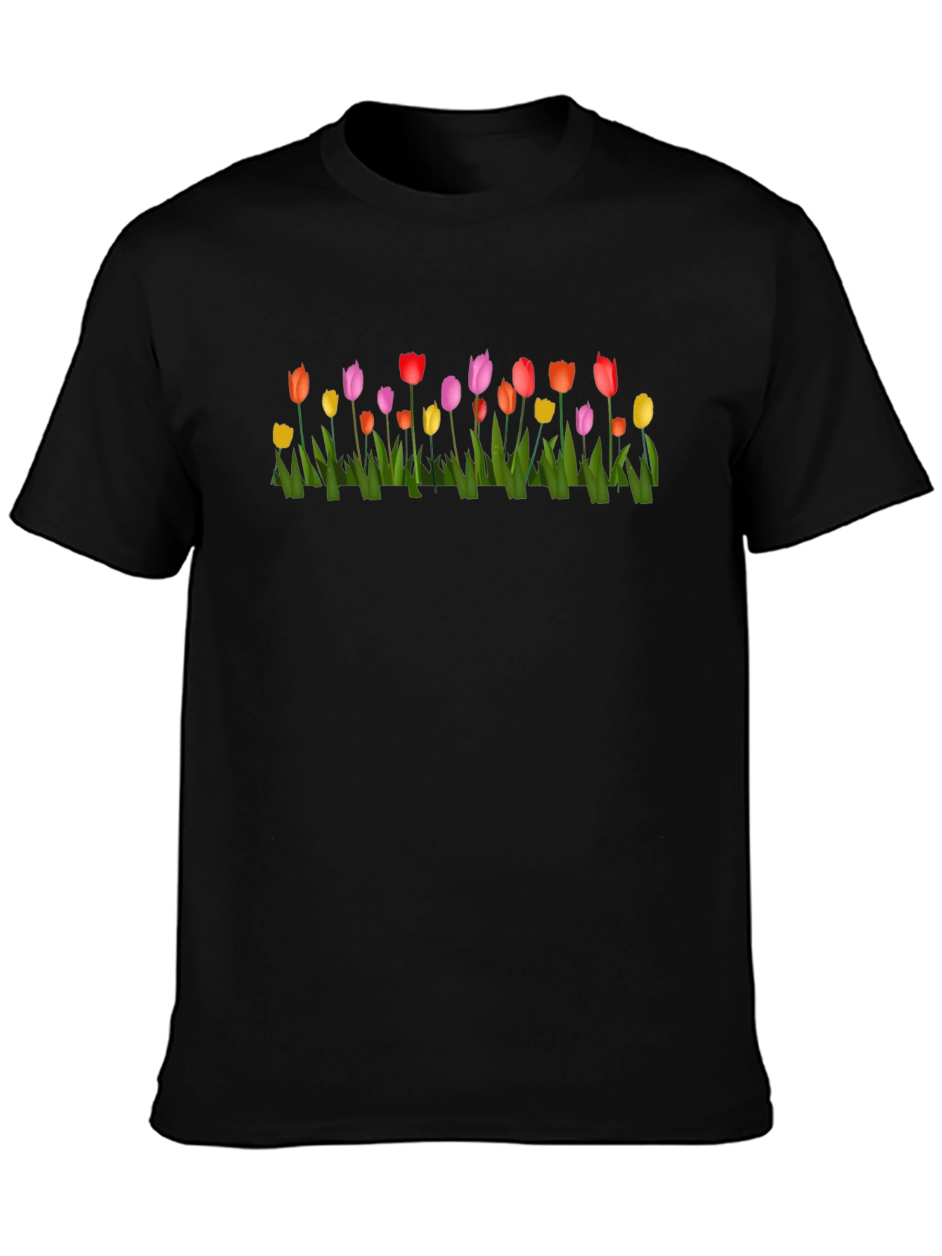 Tulip Garden Print Black Crew Neck T-Shirt