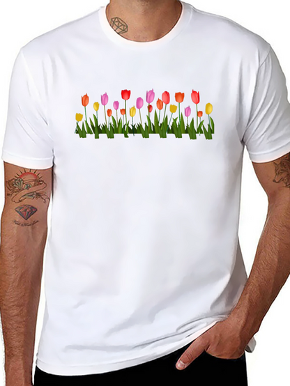 Tulip Garden Print Black Crew Neck T-Shirt