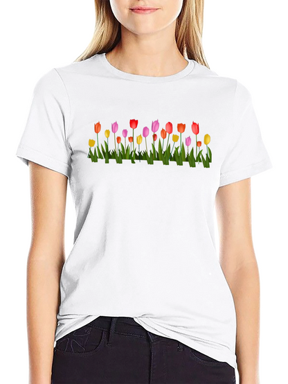 Tulip Garden Print Black Crew Neck T-Shirt