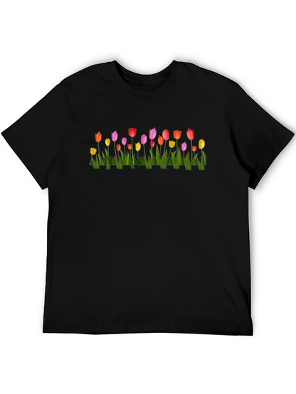 Tulip Garden Print Black Crew Neck T-Shirt