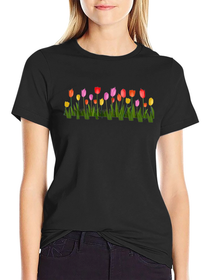 Tulip Garden Print Black Crew Neck T-Shirt