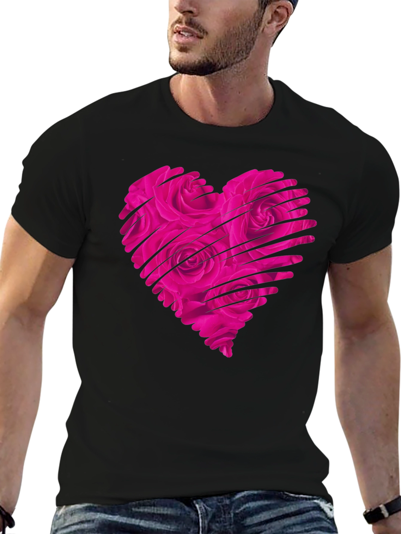 Heart Rose Mens Black T-Shirt