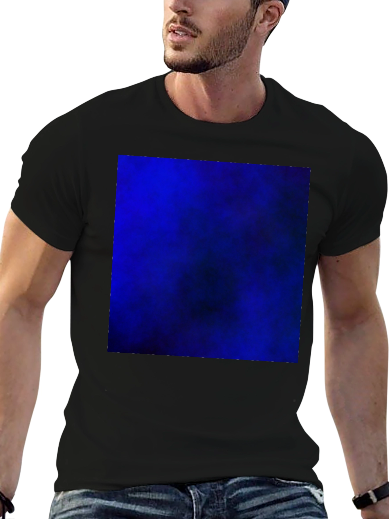 Black T-Shirt with Bold Blue Abstract Design