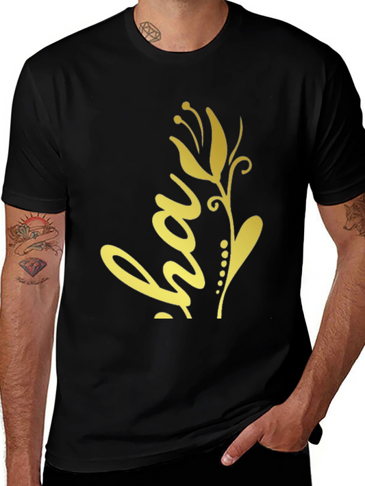 Black T-Shirt with Golden Floral ha Design