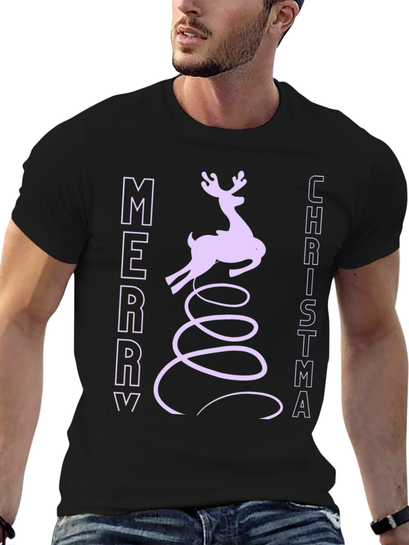 Merry Christmas Reindeer Graphic Tee - Black