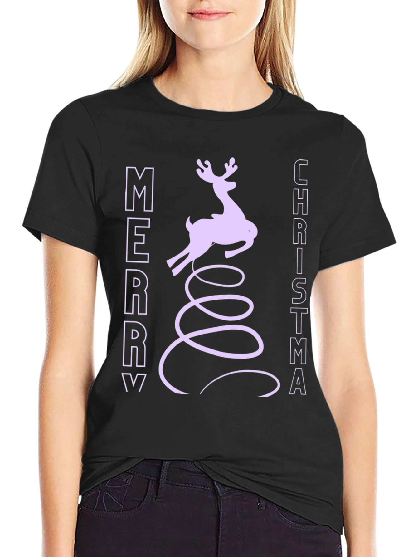 Merry Christmas Reindeer Graphic Tee - Black