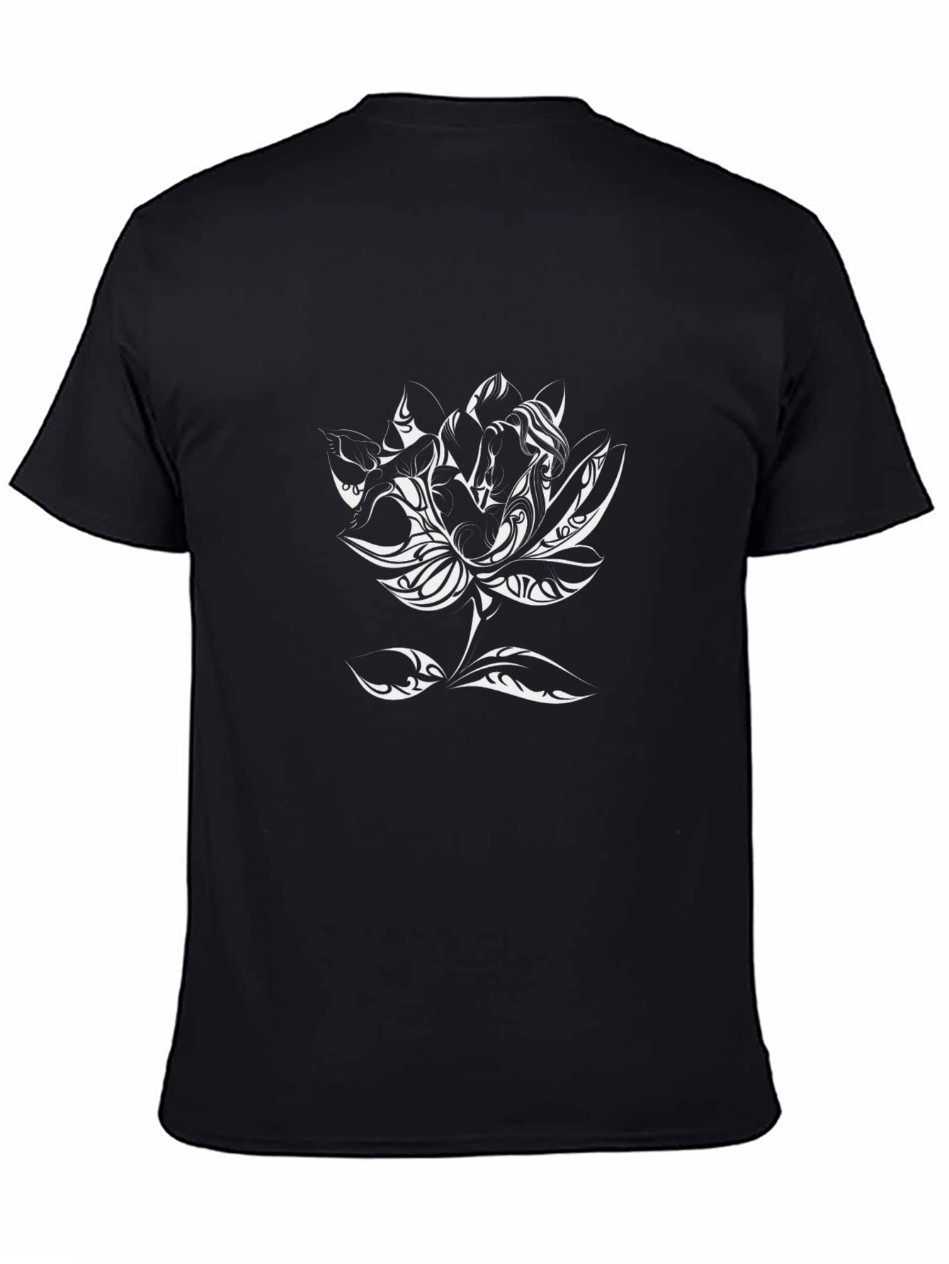 Black T-Shirt with Tribal Lotus Flower Design