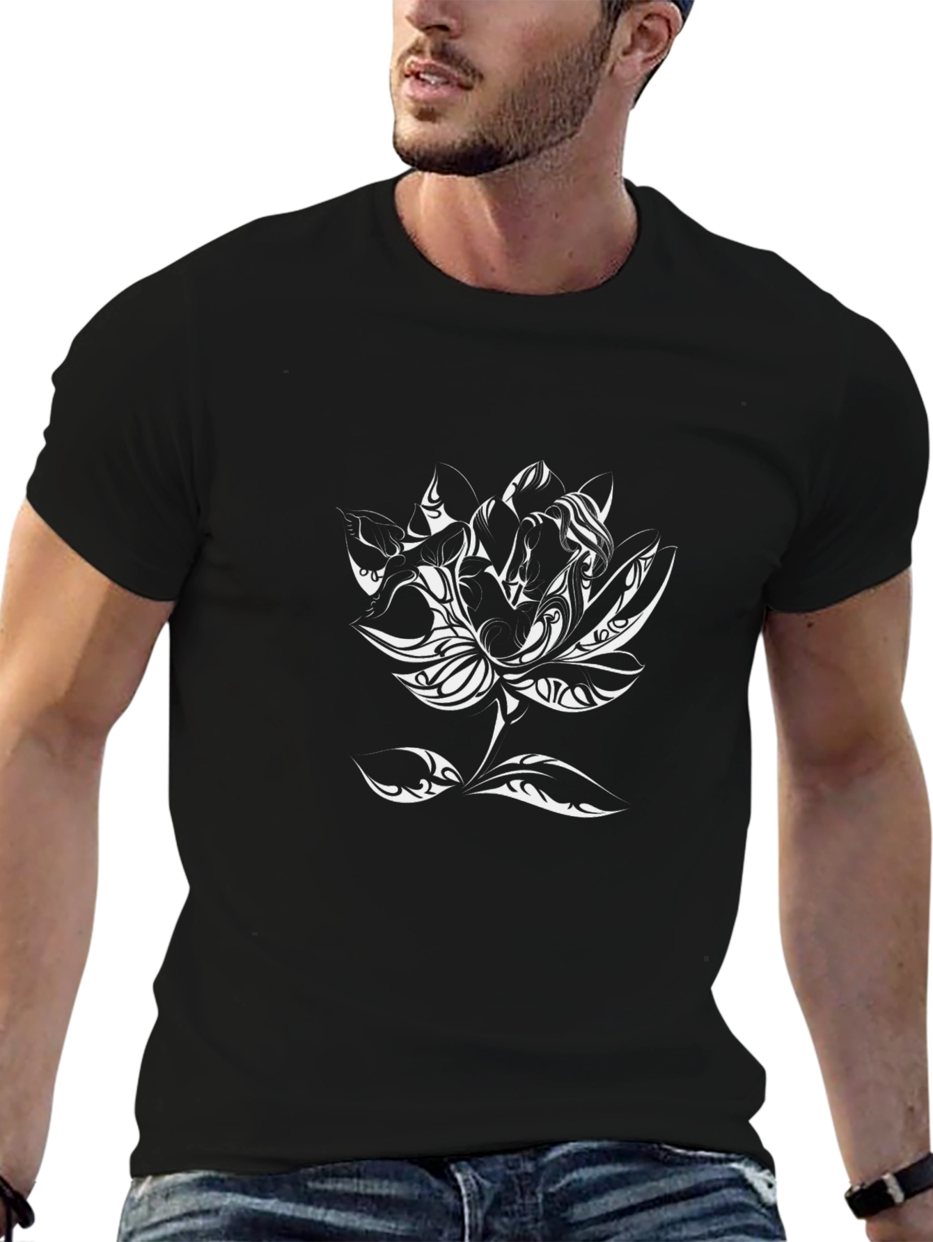 Black T-Shirt with Tribal Lotus Flower Design