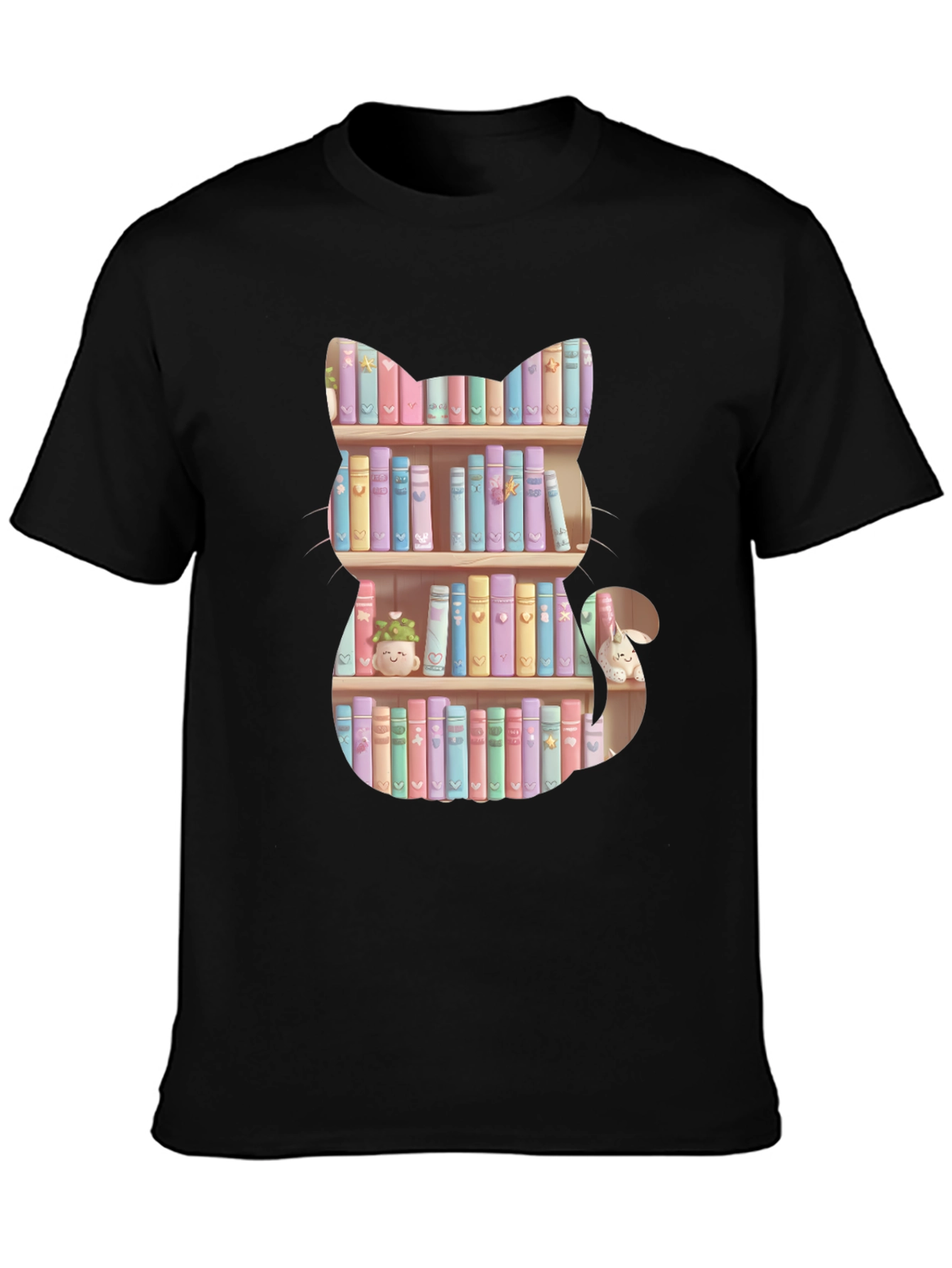 Cat Bookshelf T-Shirt - Pastel Books