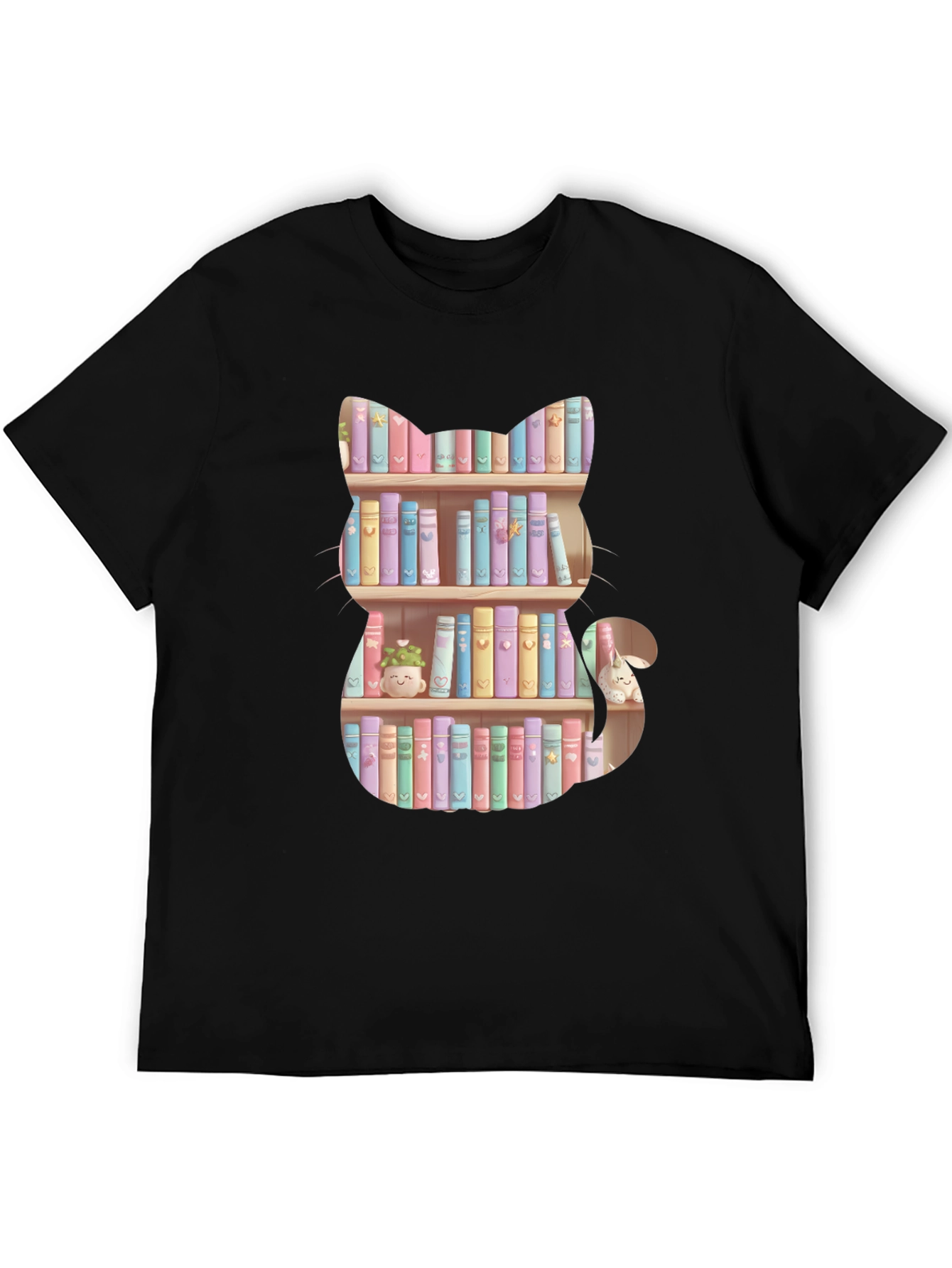 Cat Bookshelf T-Shirt - Pastel Books