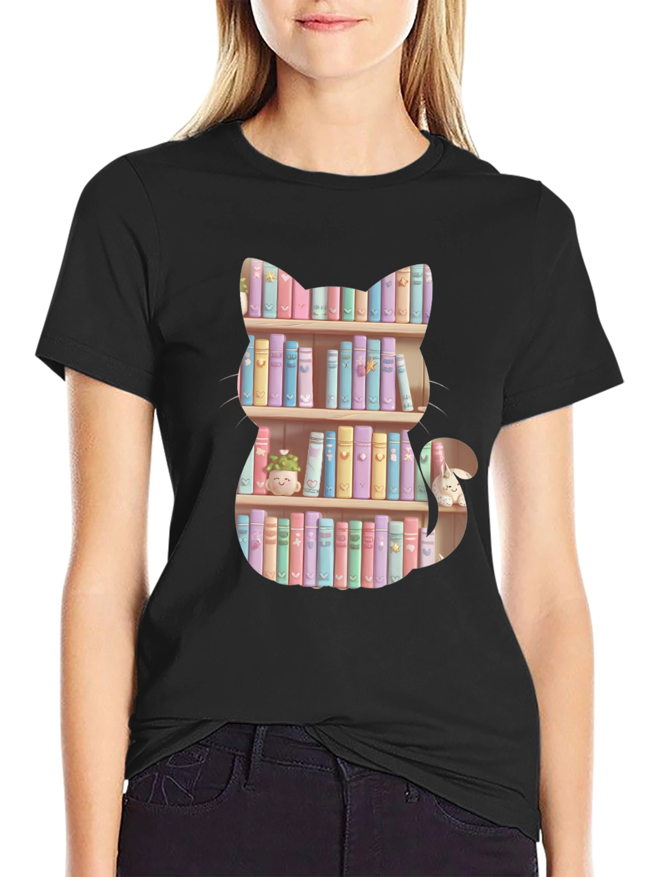 Cat Bookshelf T-Shirt - Pastel Books