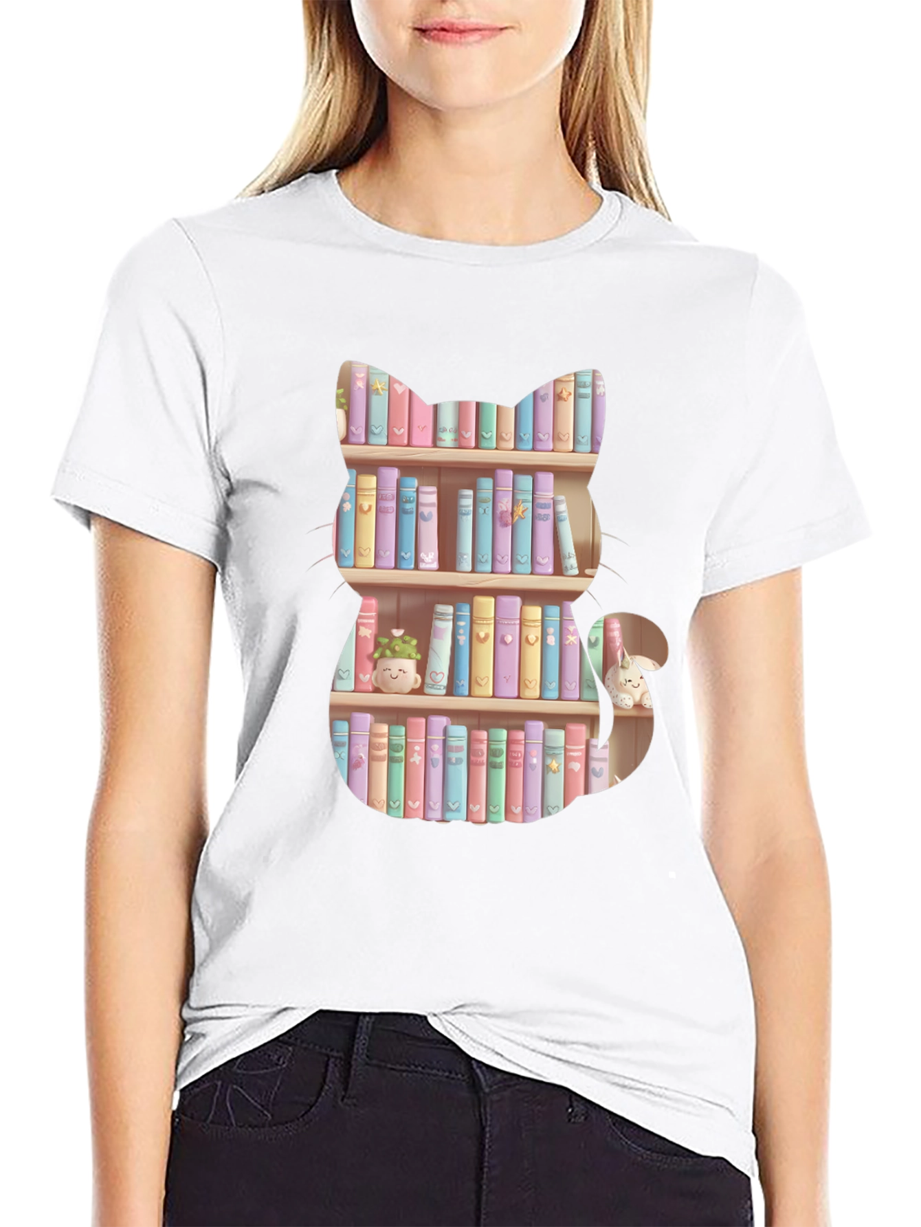Cat Bookshelf T-Shirt - Pastel Books