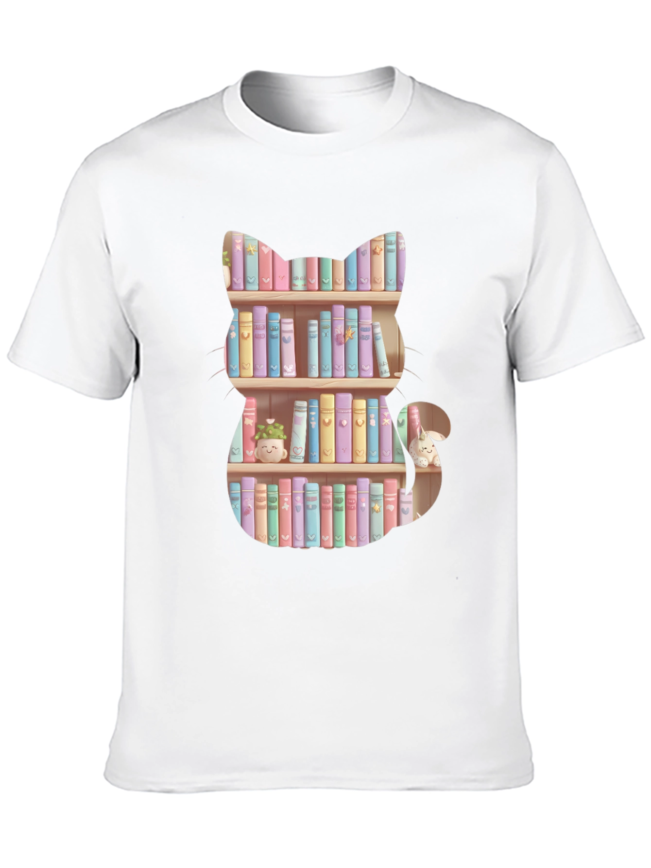 Cat Bookshelf T-Shirt - Pastel Books