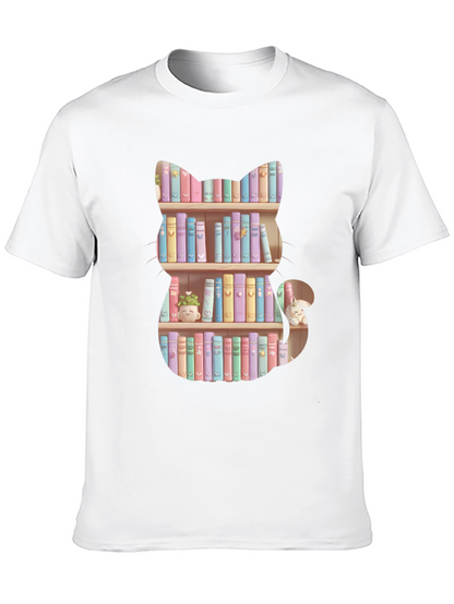 Cat Bookshelf T-Shirt - Pastel Books