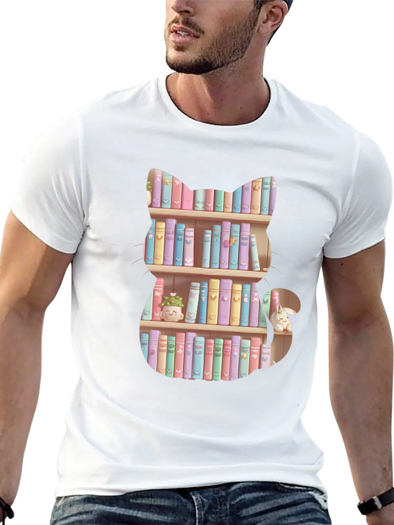 Cat Bookshelf T-Shirt - Pastel Books