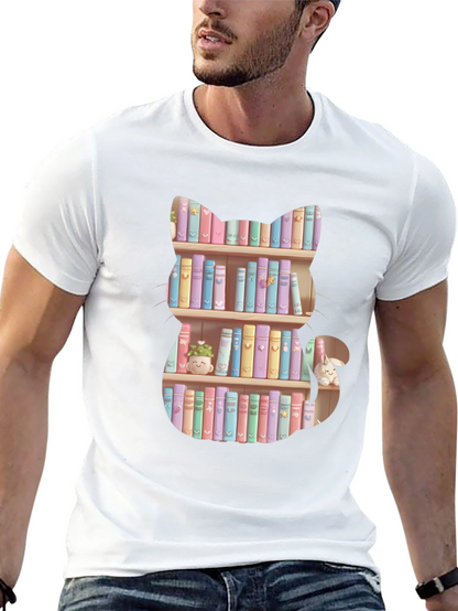 Cat Bookshelf T-Shirt - Pastel Books
