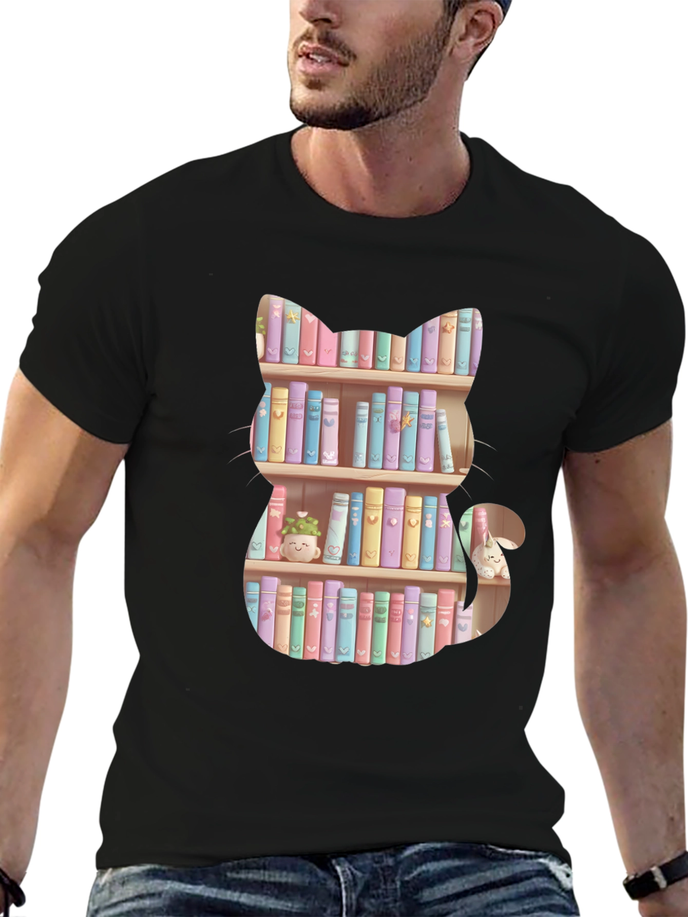 Cat Bookshelf T-Shirt - Pastel Books