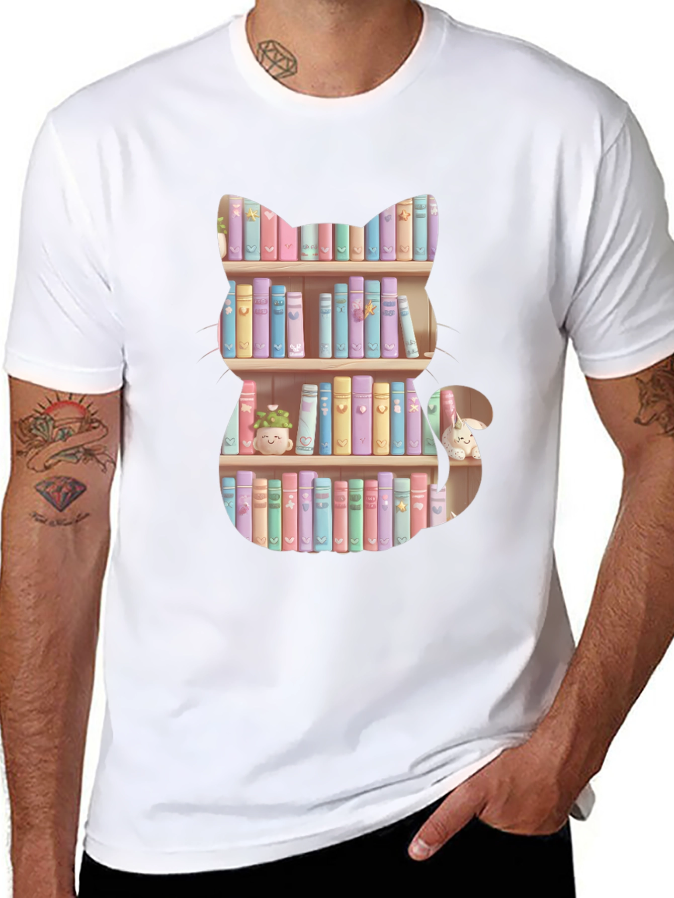 Cat Bookshelf T-Shirt - Pastel Books