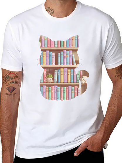 Cat Bookshelf T-Shirt - Pastel Books