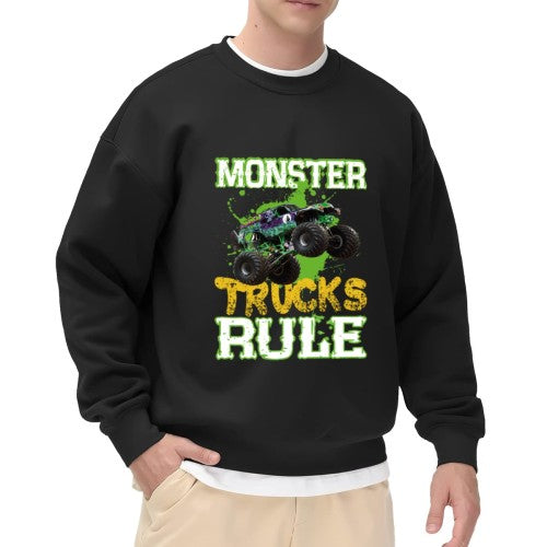 Crewneck Sweatshirt "Monster Trucks Rule" Graphic - Oversized Casual Long-Sleeve Pullover, Bold Extreme Vehicle Statement Top for Men