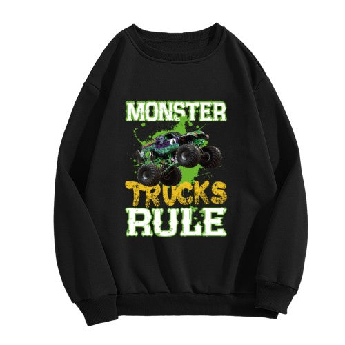 Crewneck Sweatshirt "Monster Trucks Rule" Graphic - Oversized Casual Long-Sleeve Pullover, Bold Extreme Vehicle Statement Top for Men