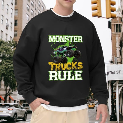 Crewneck Sweatshirt "Monster Trucks Rule" Graphic - Oversized Casual Long-Sleeve Pullover, Bold Extreme Vehicle Statement Top for Men